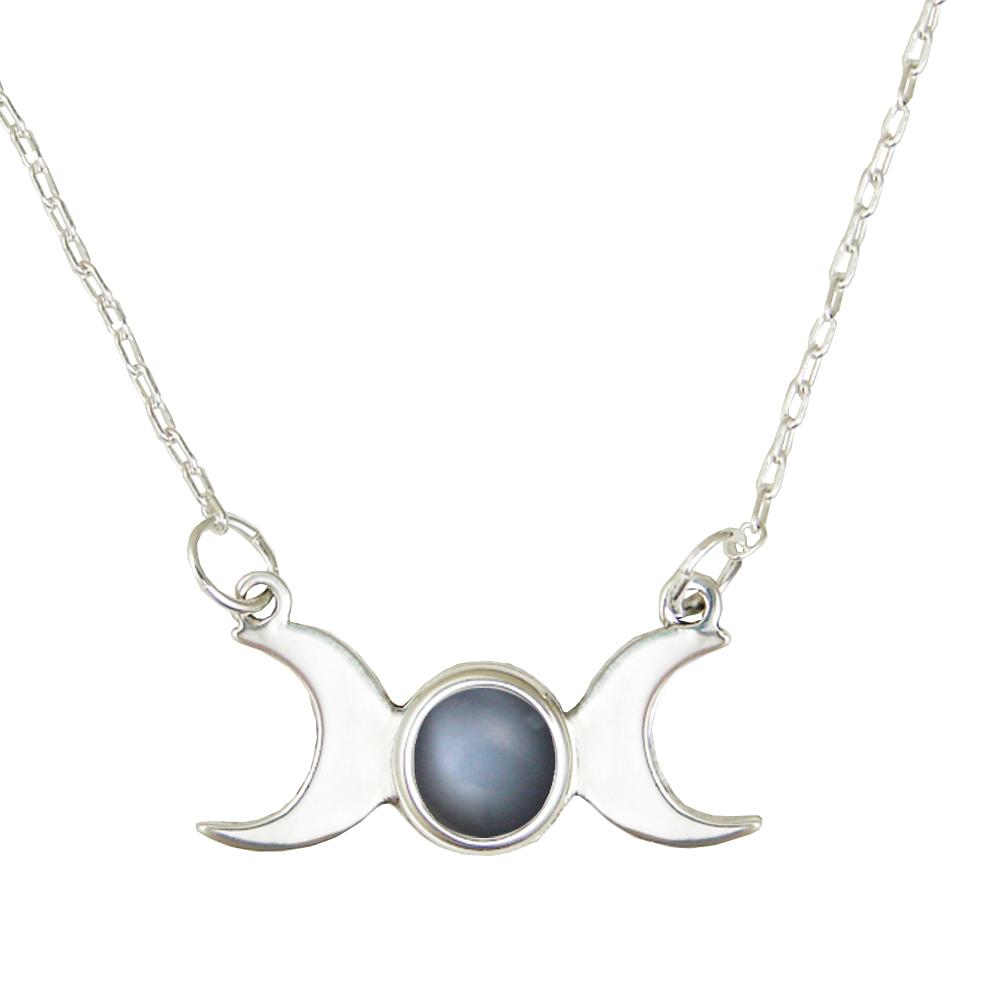 Sterling Silver Triple Moon Phases Necklace With Grey Moonstone